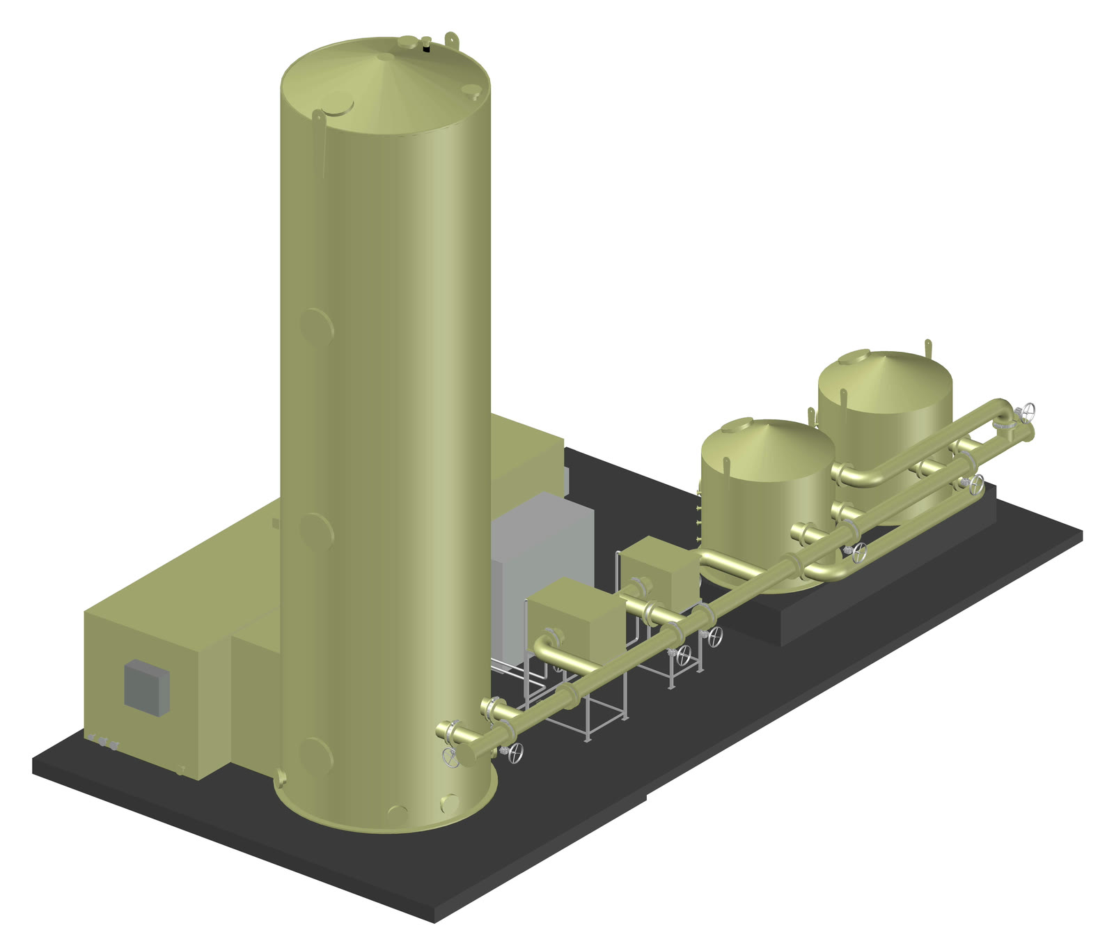 3D-Modell einer Biogasentschwefelungsanlage: Biorieselbettreaktor, Technikcontainer, Gastrocknung mit Kaltwassersatz und zwei Aktivkohlefilter auf dem Fundament