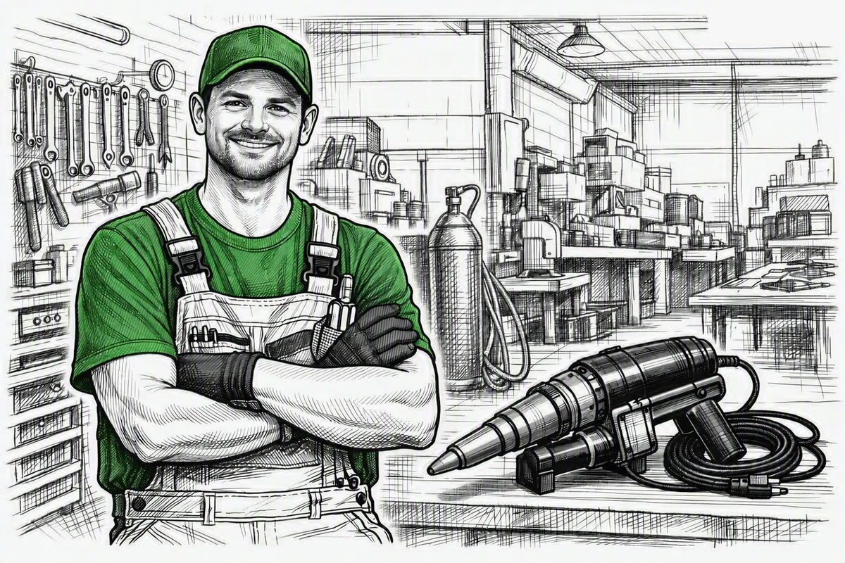 Zeichnung einer Werkstatt: ein Mitarbeiter in grünem T-Shirt, grüner Mütze und Latzhose steht mit verschränkten Armen vor der Werkzeugwand, daneben liegt ein Handschweißextruder mit Kabel; im Hintergrund Werkbänke, Maschinen und eine Gasflasche.